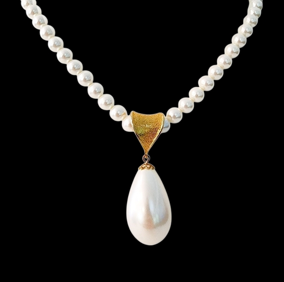 Vintage Sarah Coventry pearl necklace with pearl pendant teardrop gold - Picture 2 of 16